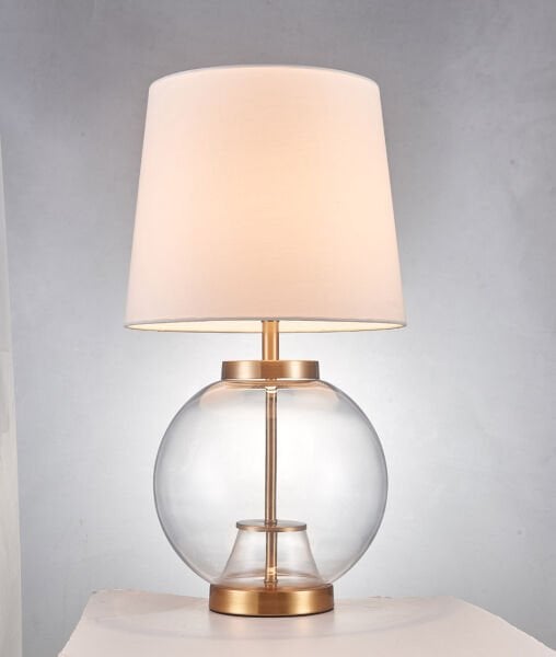 Küresel Cam Gövdeli Metal Detaylı Kumaş Şapkalı Masa Lambası | Modern Dekoratif Abajur