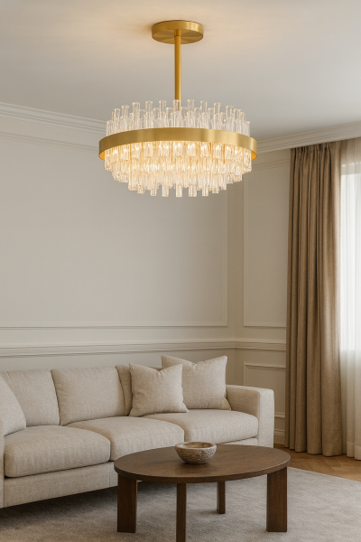 Besa 6302-6 Pirinç Kaplama Desenli Kristal Avize – 60cm Lüks Salon ve Yemek Odası Aydınlatması