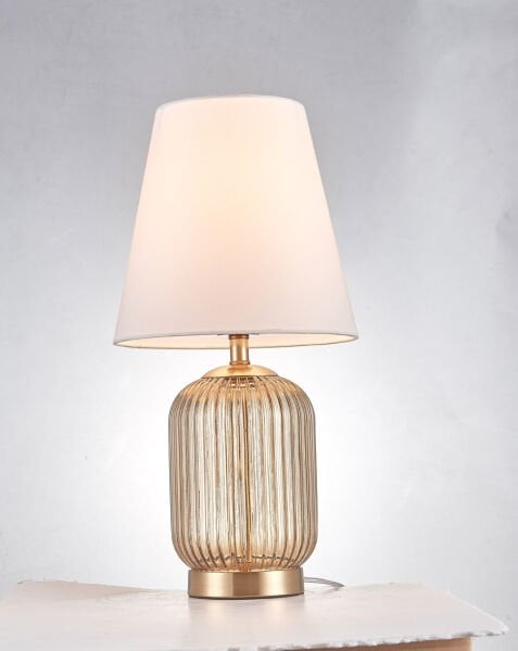 Dikey Yivli Cam Gövdeli Metal Detaylı Kumaş Şapkalı Masa Lambası | Modern Dekoratif Abajur