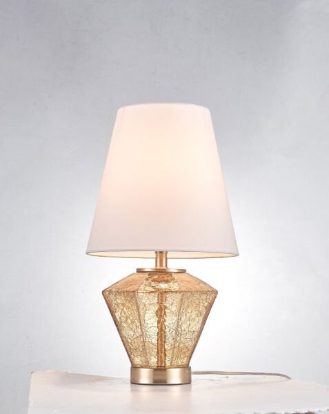 Yatay Yivli Cam Gövdeli Gold Metal Detaylı Kumaş Şapkalı Masa Lambası | Modern Dekoratif Abajur