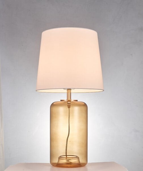 Modern Cam Masa Lambası – Silindirik Amber & Mavi Cam Gövdeli, Metal Detaylı Abajur