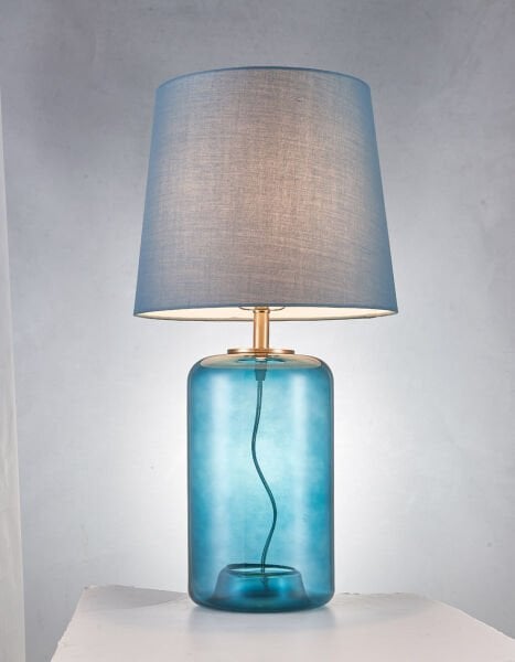 Modern Cam Masa Lambası – Silindirik Amber & Mavi Cam Gövdeli, Metal Detaylı Abajur