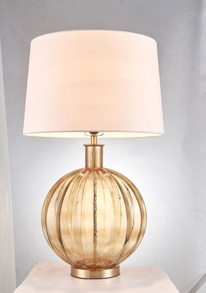 El Yapımı Cam Gövdeli Modern Abajur | Amber & Yeşil Cam, Kumaş Şapkalı Masa Lambası