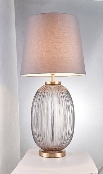 Modern Yivli Cam Gövdeli Masa Lambası | Gold Detaylı Dekoratif Abajur – Amber / Füme / Mor Cam