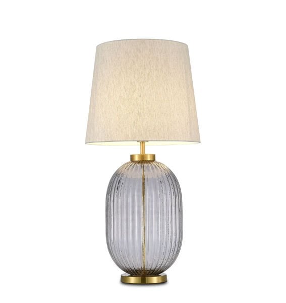 Modern Yivli Cam Gövdeli Masa Lambası | Gold Detaylı Dekoratif Abajur – Amber / Füme / Mor Cam