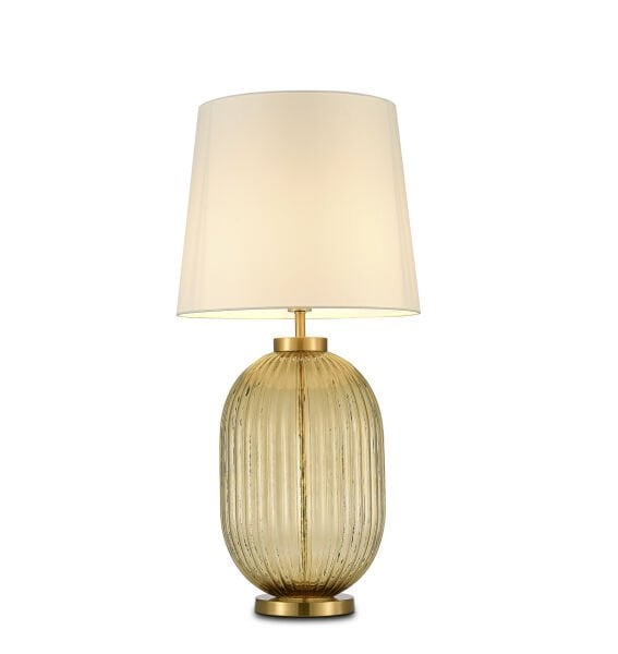 Modern Yivli Cam Gövdeli Masa Lambası | Gold Detaylı Dekoratif Abajur – Amber / Füme / Mor Cam