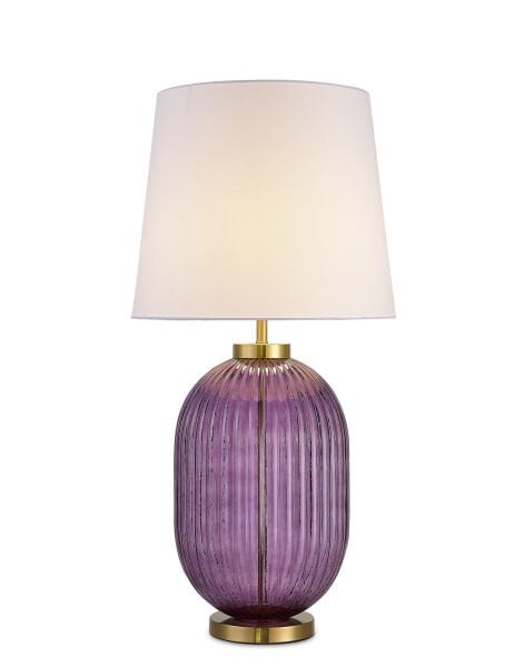 Modern Yivli Cam Gövdeli Masa Lambası | Gold Detaylı Dekoratif Abajur – Amber / Füme / Mor Cam