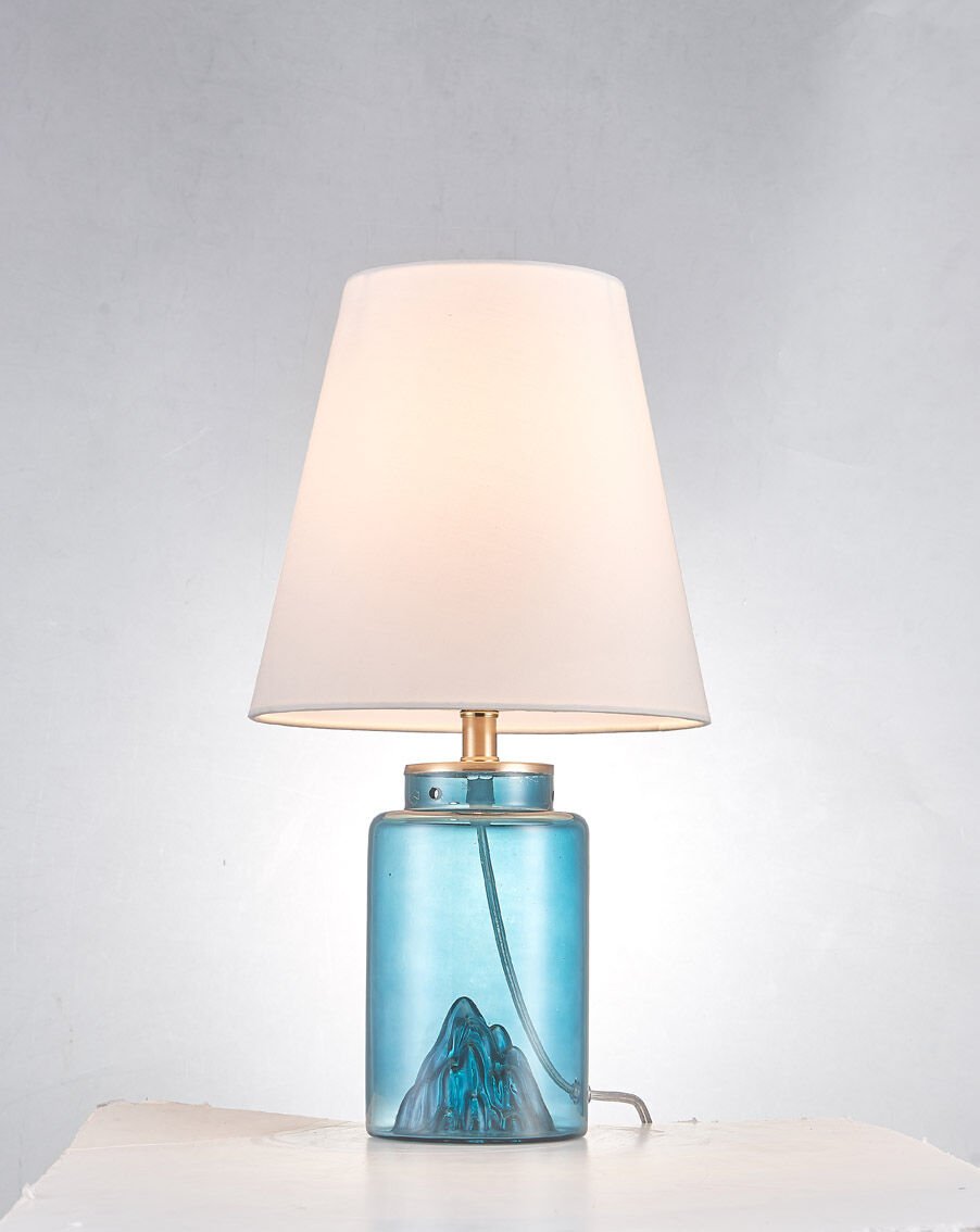 Dekoratif Figürlü Cam Gövdeli Masa Lambası | Mavi Cam Modern Abajur – Gold Detaylı