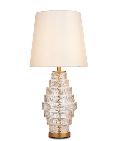 Modern Cam Gövdeli Masa Lambası | Katmanlı Dokulu Cam Ayak, Kumaş Şapka, Dekoratif Aydınlatma