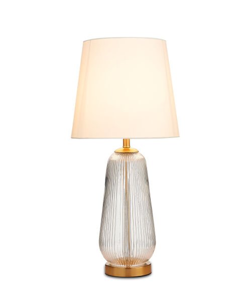 Modern Şeffaf Cam Gövdeli Masa Lambası | Dikey Dokulu Cam Ayak, Kumaş Şapka, Dekoratif Aydınlatma