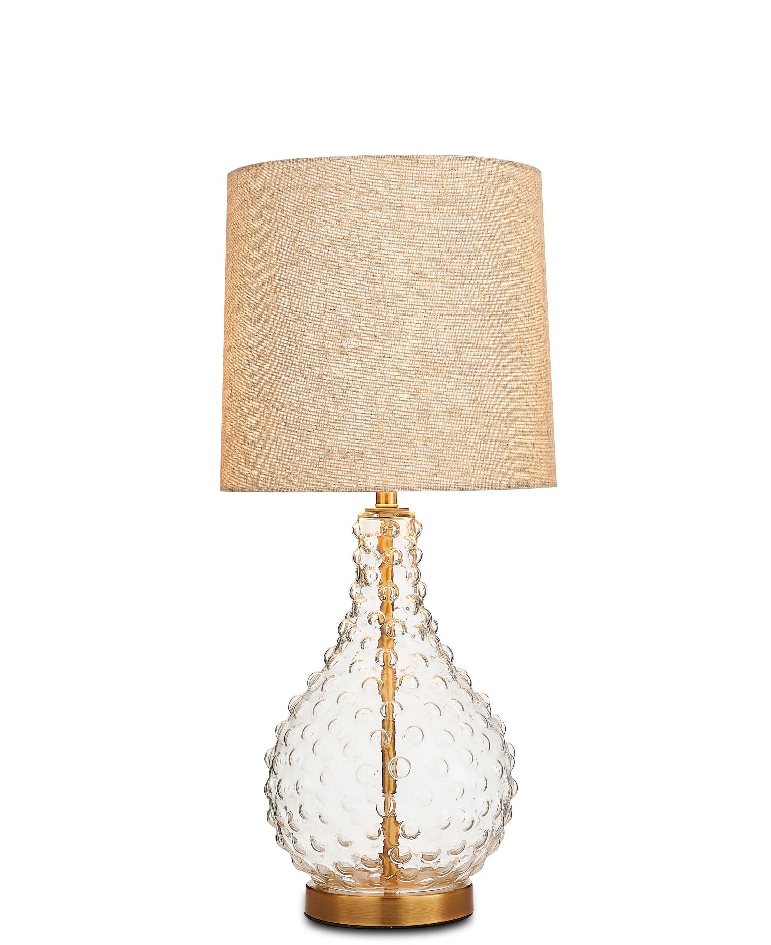 Modern Şeffaf Kabarcık Dokulu Cam Masa Lambası | Damla Form Cam Gövde, Kumaş Şapka