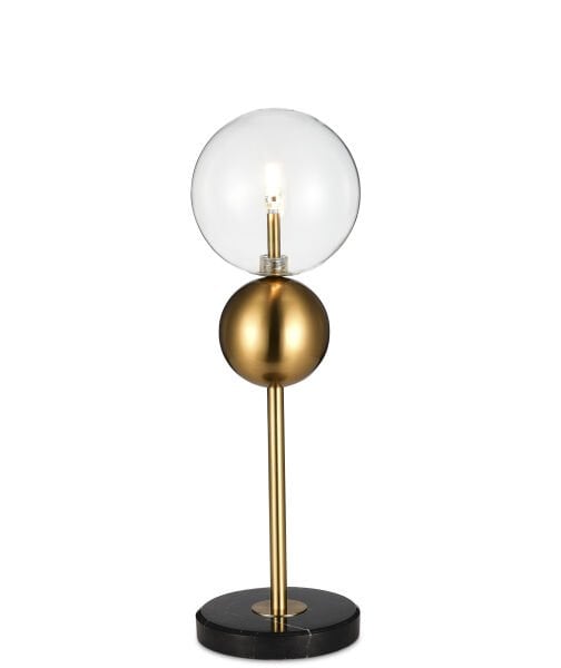 Modern Cam Küre Masa Lambası – Gold Metal Gövde, Mermer Tabanlı Dekoratif LED Masa Lambası
