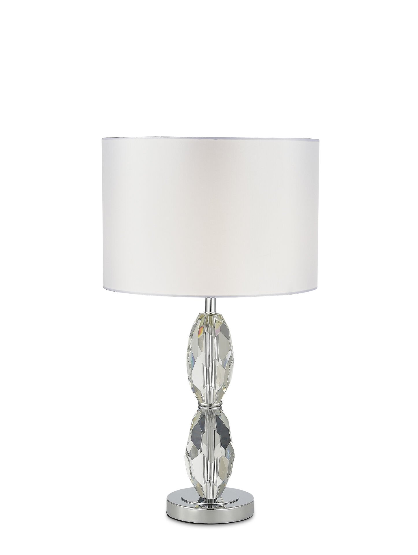 Modern Kristal Ayaklı Masa Lambası – Şeffaf Cam Gövde, Krom Detaylı, Abajurlu Dekoratif Masa Lambası
