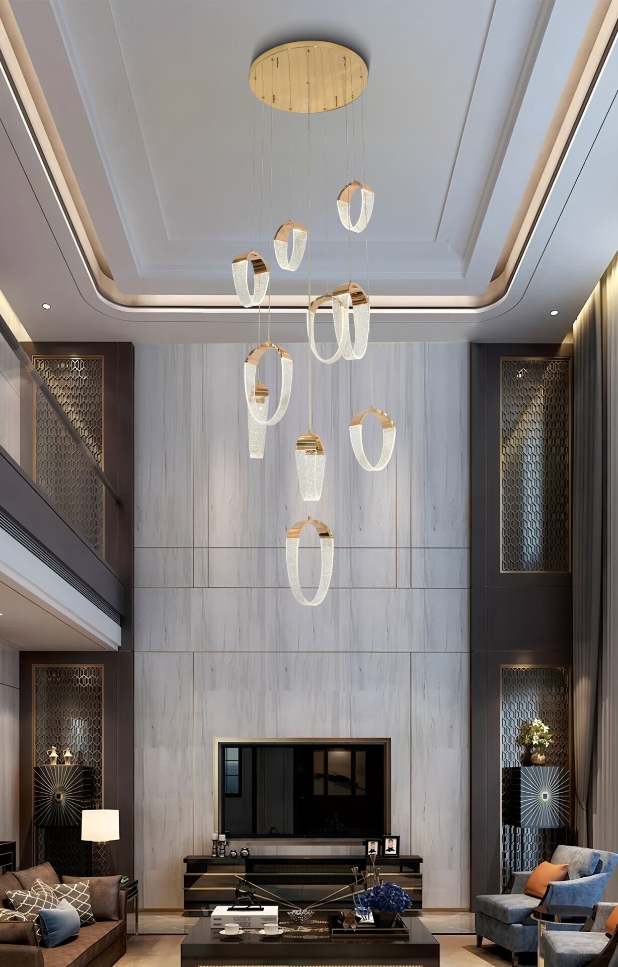 10'lu Halka Sarkıt Avize – Minimalist, Geometrik ve Modern Yapıda Çarpıcı Merkezi Aydınlatma