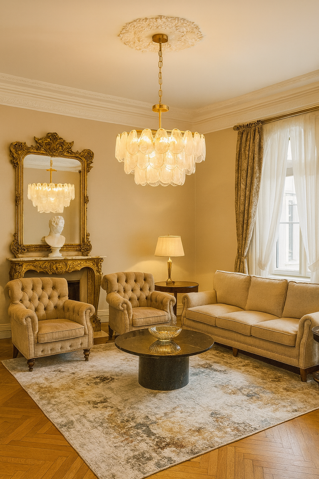 60 cm Çapında Yuvarlak Dökme Cam Sarkıt Avize – Görkemli ve Sanatsal Dokuya Sahip Merkezi Aydınlatma