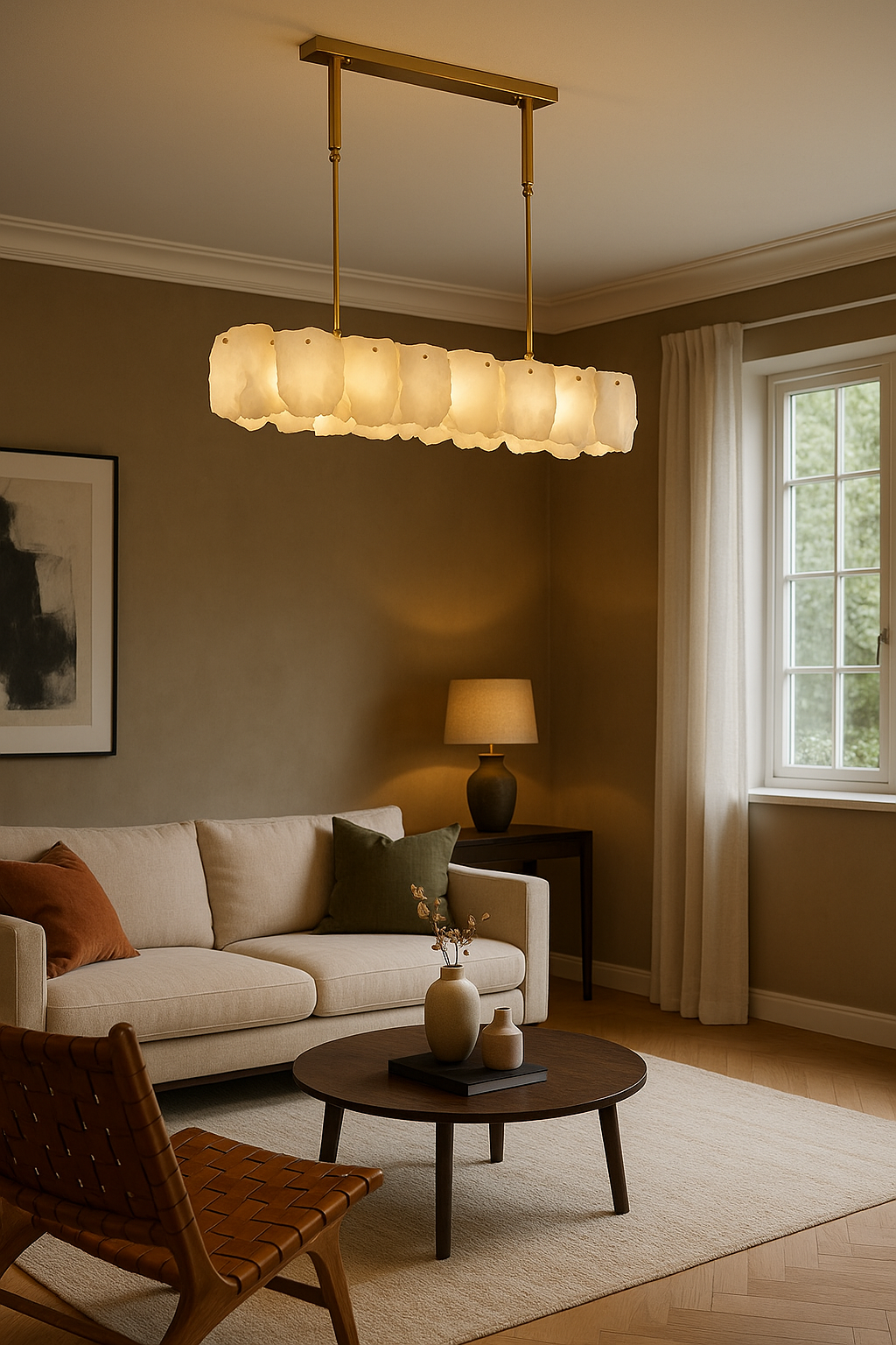 Dikdörtgen Alabaster Görünümlü Sarkıt Avize – Yemek Masası ve Mutfak Adası İçin Lüks ve Fonksiyonel Aydınlatma