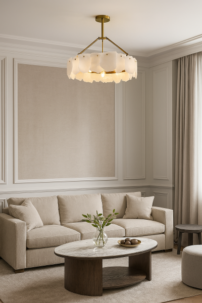 60 cm Çapında Yuvarlak Alabaster Mermer Görünümlü Sarkıt Avize – Görkemli ve Zamansız Salon Aydınlatması