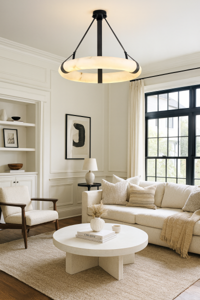 60cm Çapında Seramik Alabaster Görünümünde Derili Avize