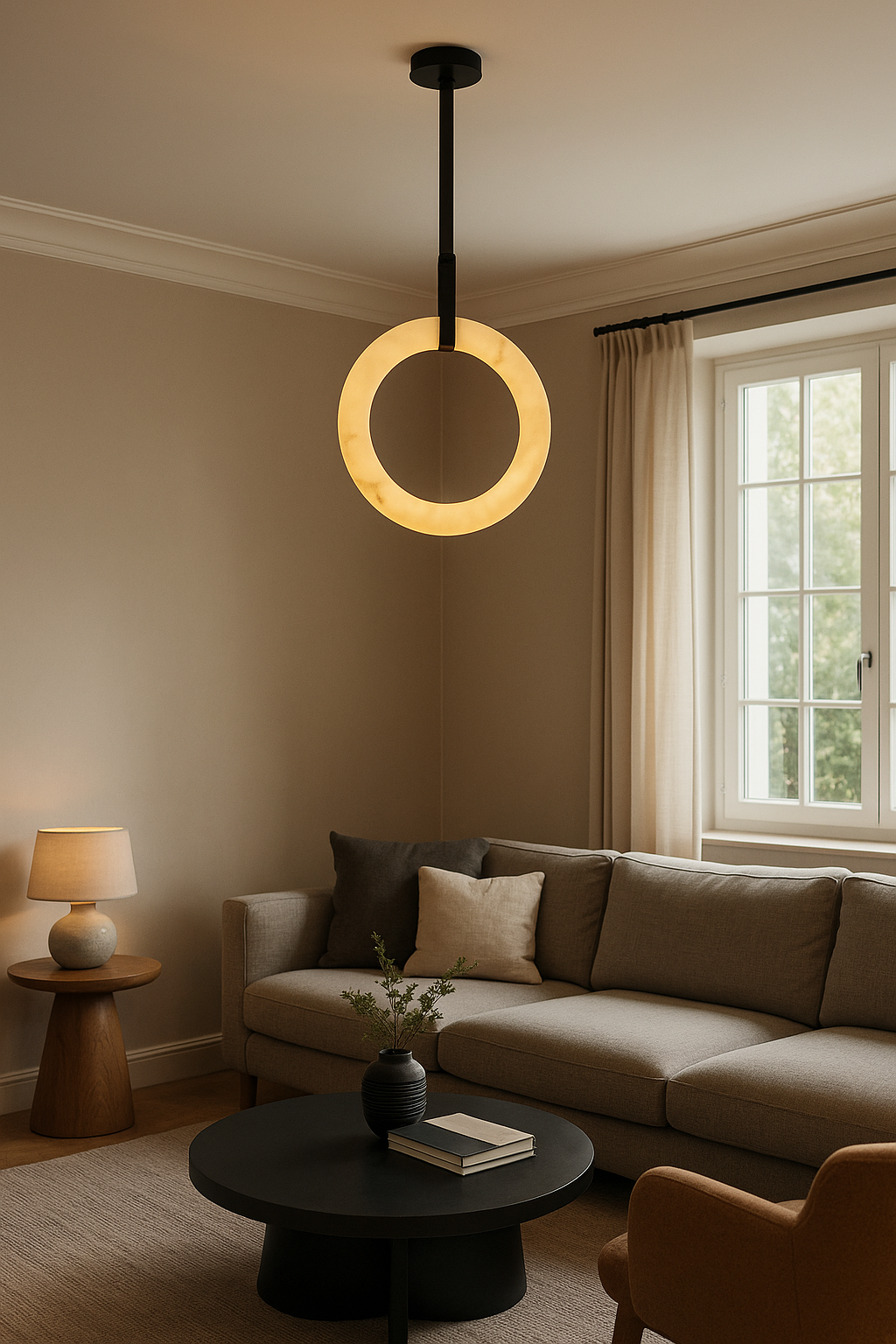 50 cm Çapında Alabaster Görünümlü Simit Sarkıt Avize – Heykelsi ve Lüks Merkez Aydınlatma