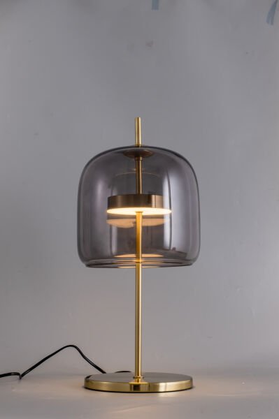 Modern Cam Abajur | Füme / Amber / Şeffaf Cam Gövdeli, Gold Metal Ayaklı Dekoratif Masa Lambası