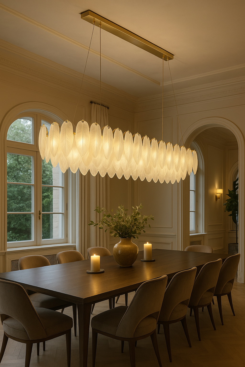 Elips Tüy Sarkıt Avize – Oval Tasarım Lüks Yemek Masası ve Mutfak Adası Aydınlatması