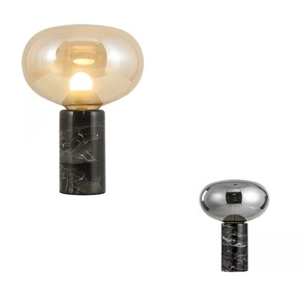 Modern Mermer Ayaklı Cam Abajur | Amber / Krom Cam Başlıklı Dekoratif Masa Lambası