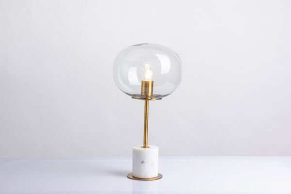 Modern Mermer Ayaklı Cam Abajur | Şeffaf Cam Küre Başlıklı, Gold Metal Gövdeli Masa Lambası