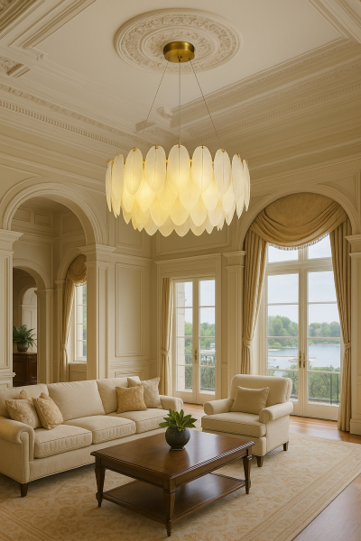 60 cm Çapında Tüy Sarkıt Avize – Lüks, Yumuşak ve İddialı Büyük Boy Salon ve Yatak Odası Aydınlatması