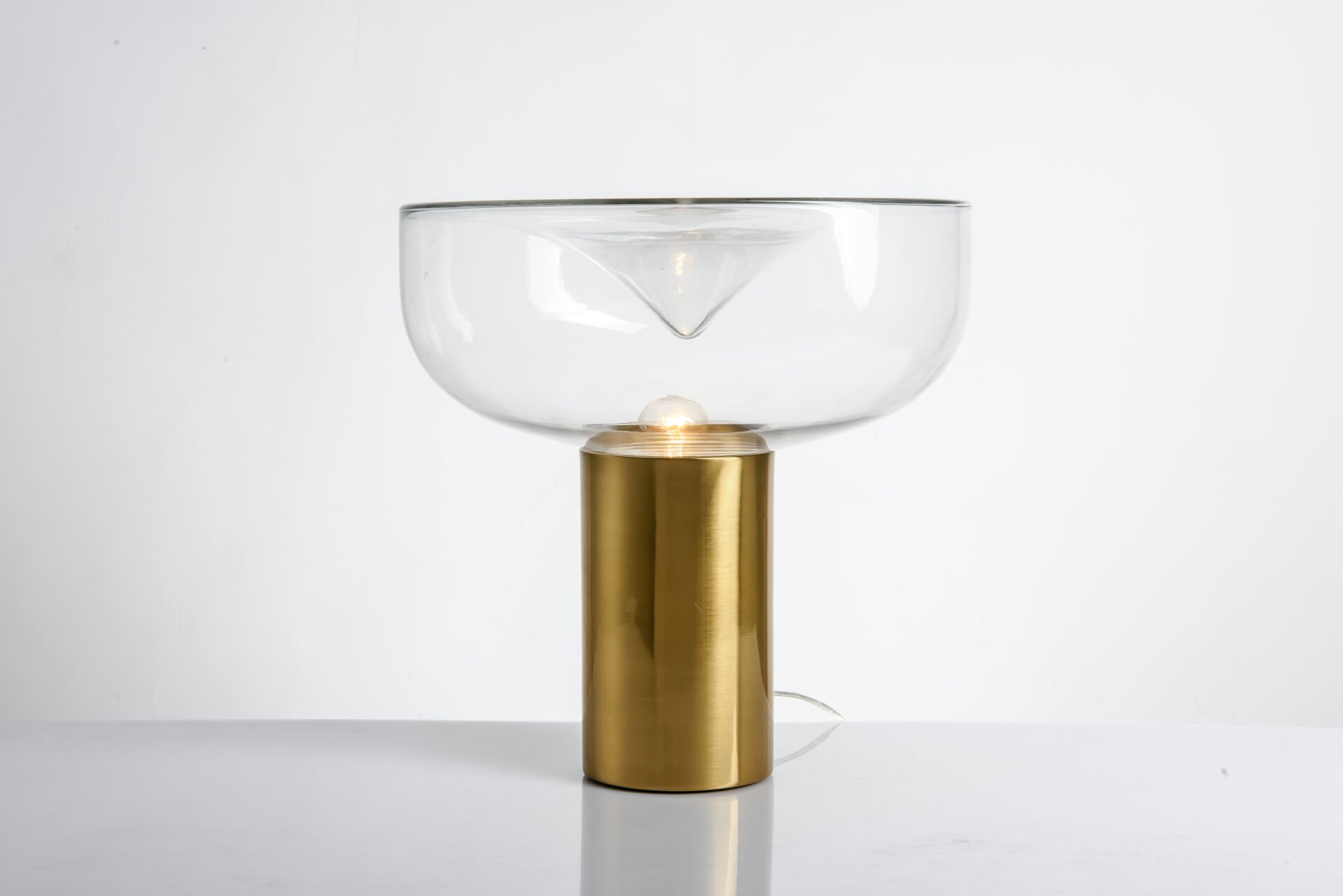 Modern Cam Kase Abajur | Şeffaf Cam Başlıklı, Gold / Krom Metal Gövdeli Dekoratif Masa Lambası