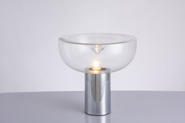 Modern Cam Kase Abajur | Şeffaf Cam Başlıklı, Gold / Krom Metal Gövdeli Dekoratif Masa Lambası