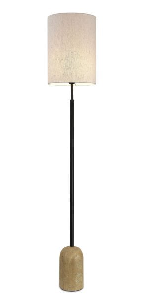 Doğal Traverten Tabanlı Lambader | Siyah Metal Gövdeli, Krem Kumaş Şapkalı Modern Yer Lambası