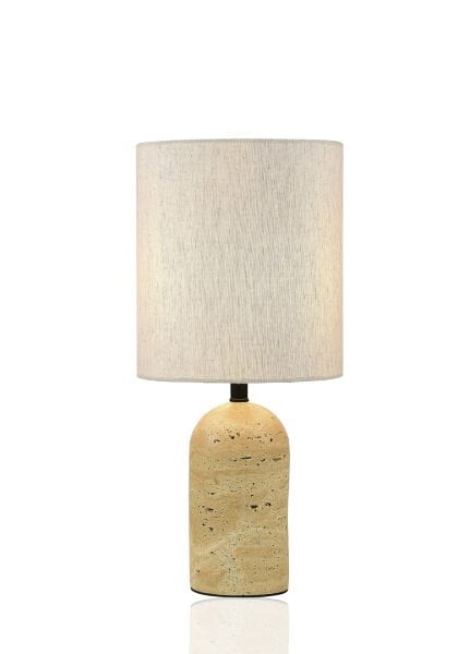 Doğal Traverten Ayaklı Masa Lambası | Bej / Kızıl Taş Gövdeli, Krem Kumaş Şapkalı Dekoratif Abajur (S–L)