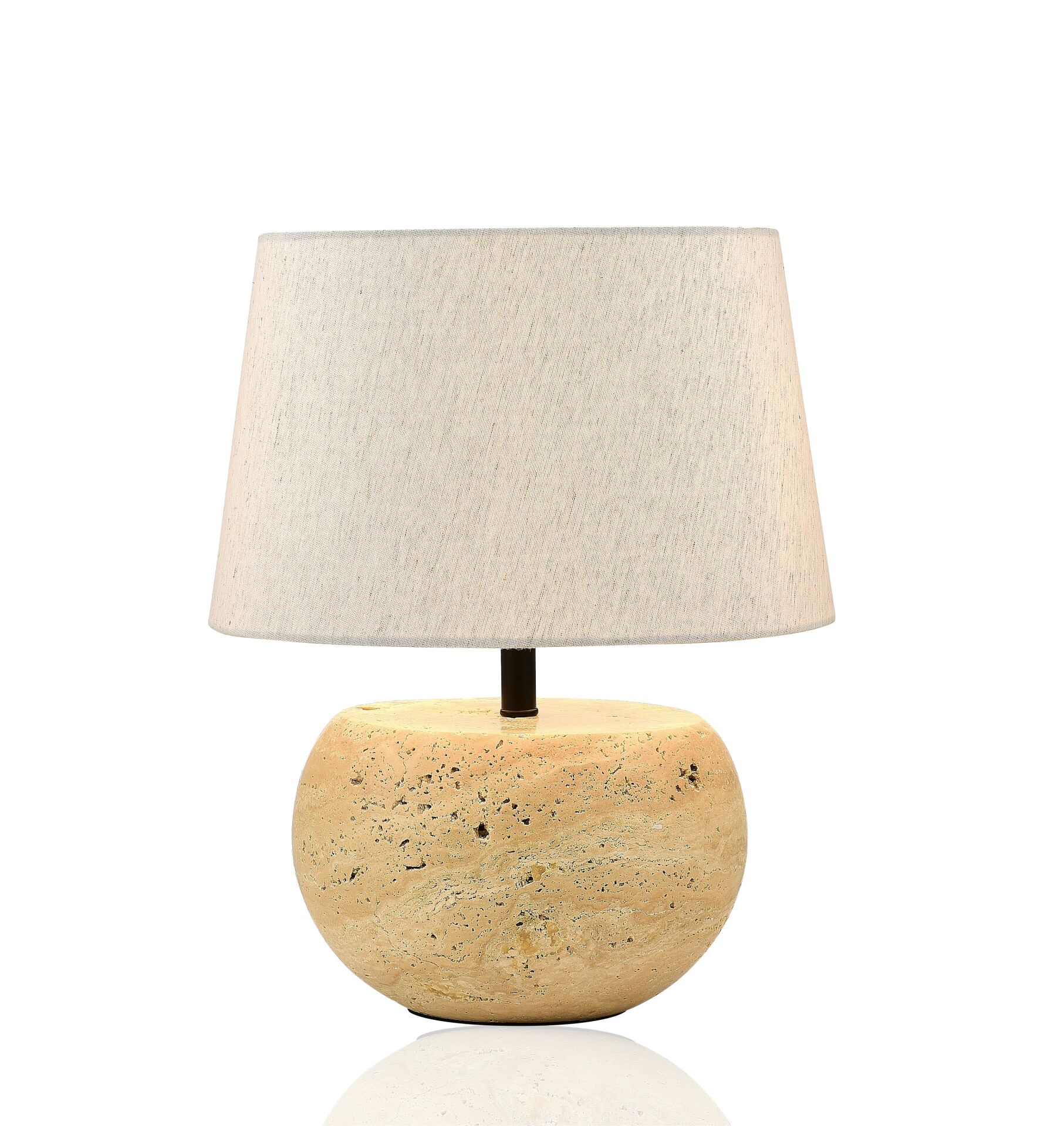 Doğal Traverten Ayaklı Masa Lambası | Bej / Kızıl Taş Gövdeli, Krem Kumaş Şapkalı Dekoratif Abajur