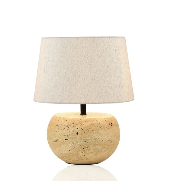 Doğal Traverten Ayaklı Masa Lambası | Bej / Kızıl Taş Gövdeli, Krem Kumaş Şapkalı Dekoratif Abajur