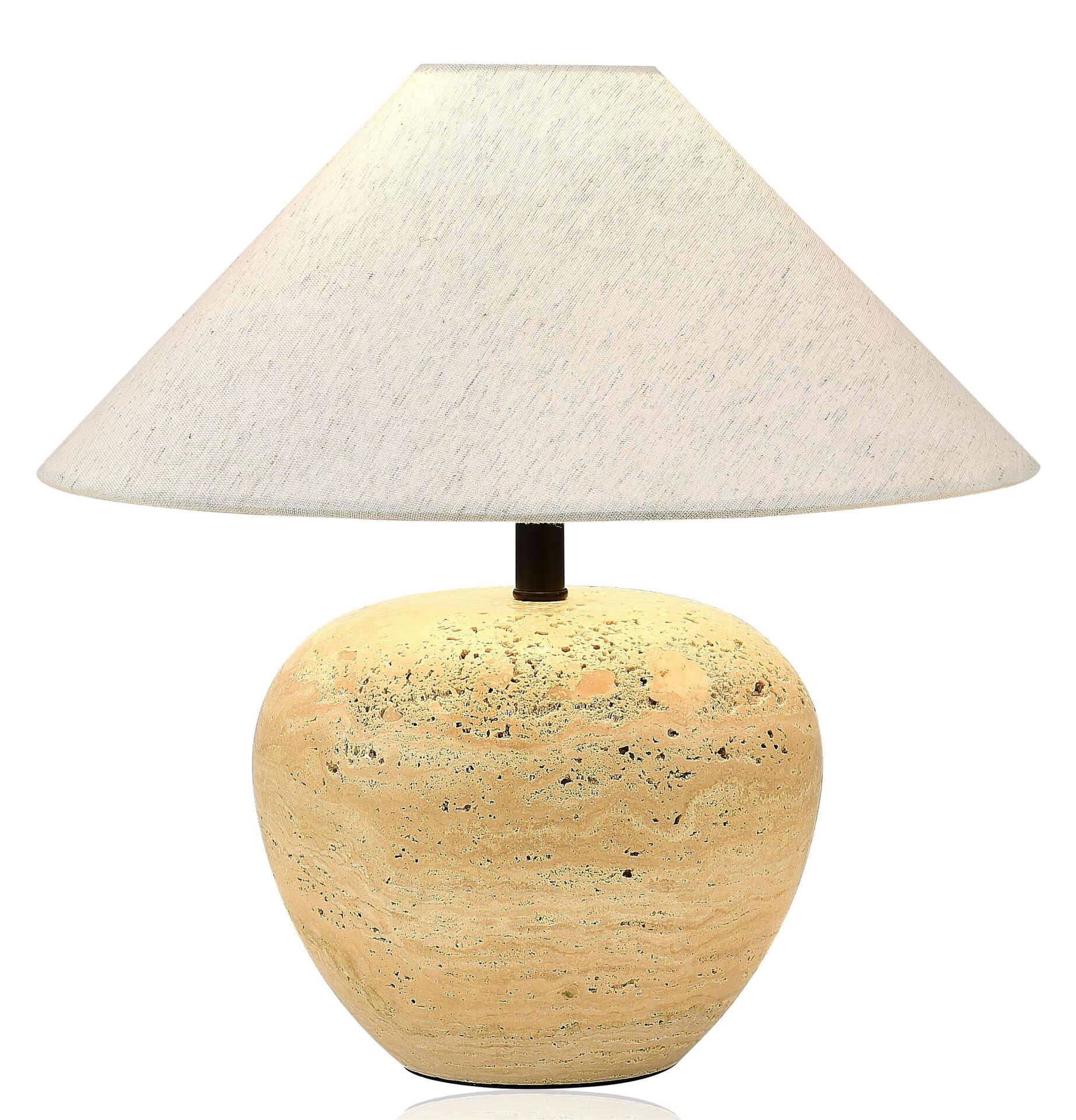Doğal Traverten Ayaklı Masa Lambası | Bej / Kızıl Taş Gövdeli, Krem Kumaş Şapkalı Dekoratif Abajur