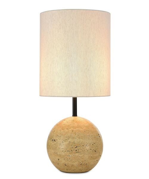 Doğal Traverten Taş Gövdeli Masa Lambası – Modern Dekoratif Abajur, Krem Kumaş Şapkalı