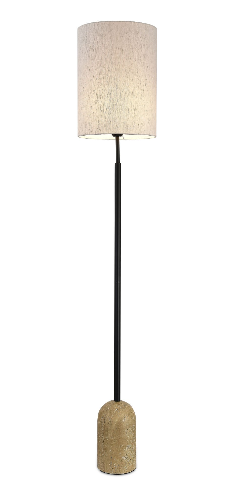 Doğal Taş Tabanlı Siyah Metal Gövdeli Lambader – Silindir Kumaş Abajurlu Modern Yer Lambası