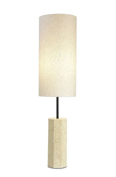 Doğal Taş Gövdeli Modern Lambader – Bej Silindir Kumaş Abajurlu Şık Yer Lambası