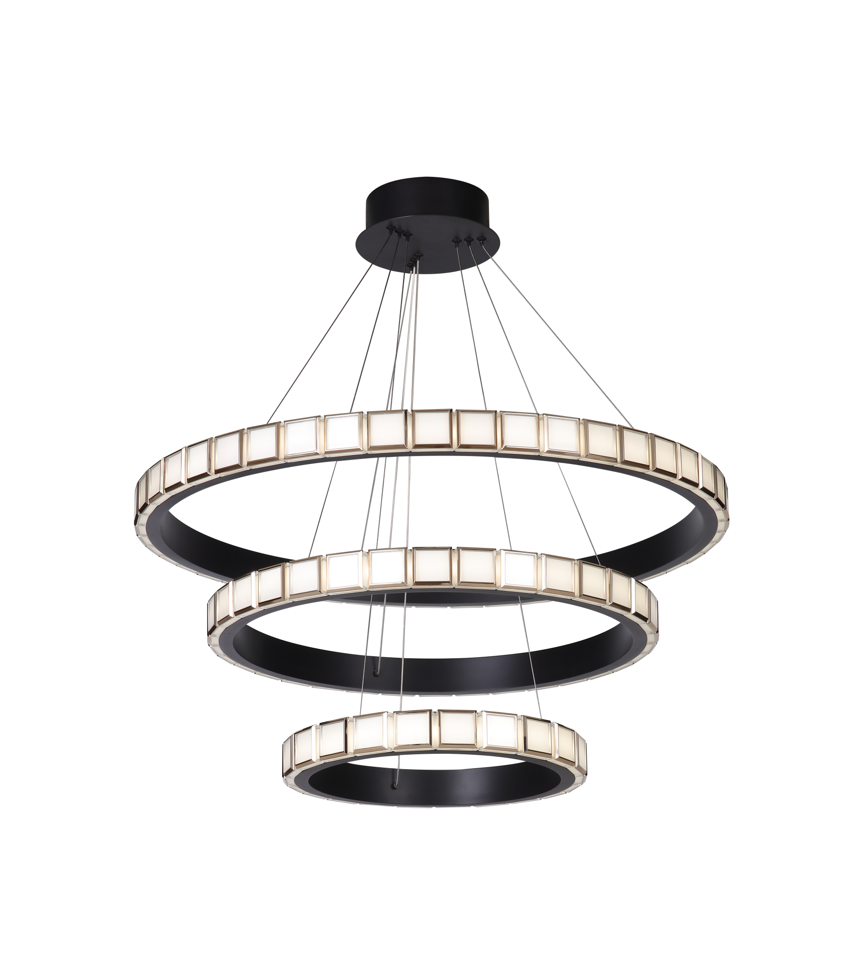 Üçlü Halkalı LED Sarkıt Avize | Modern Lüks Tasarım Salon Avizesi – Besa Aydınlatma