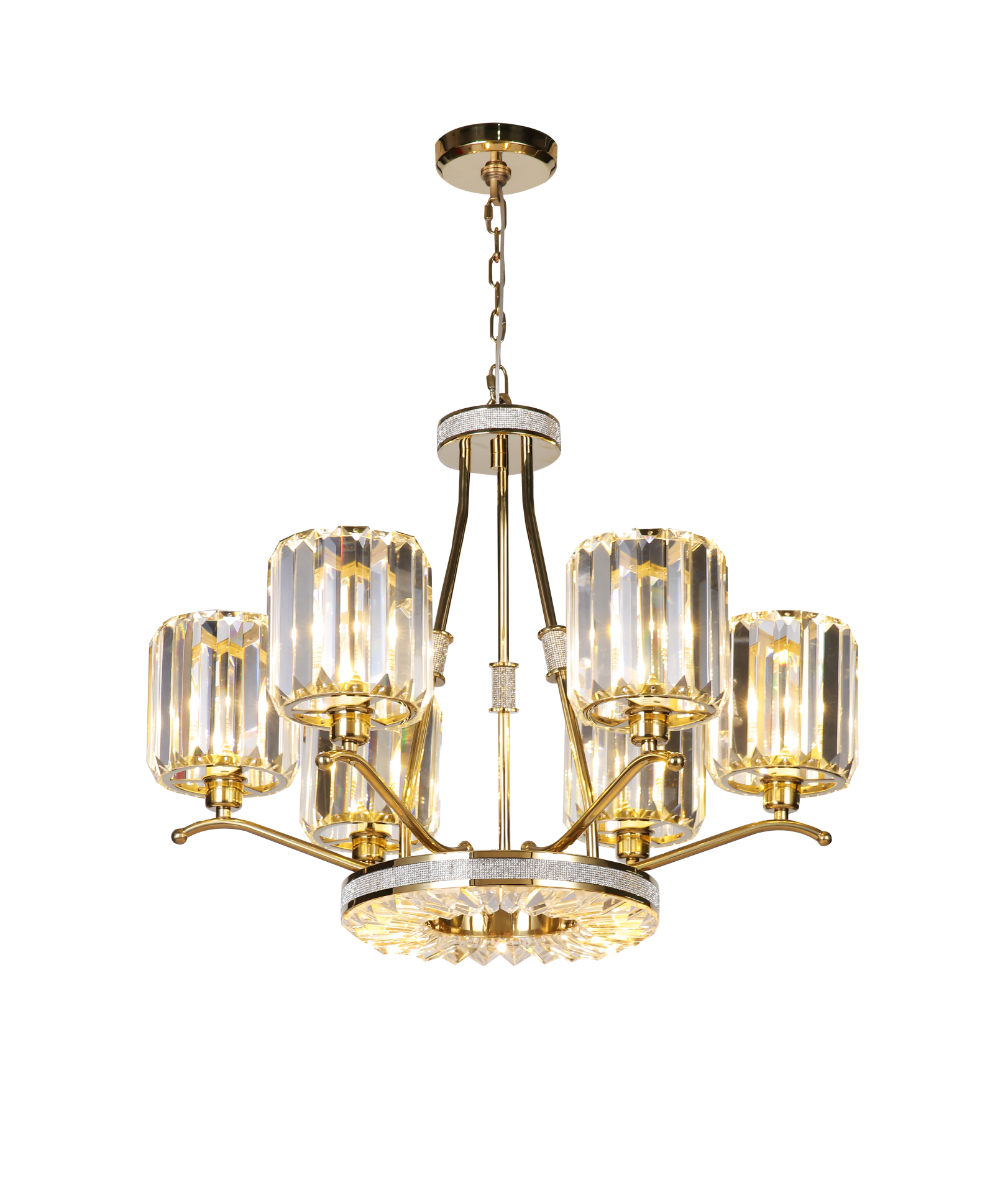 Kristal Detaylı Cam Silindir Avize | Pirinç Gövdeli Lüks Salon Avizesi – Besa Aydınlatma