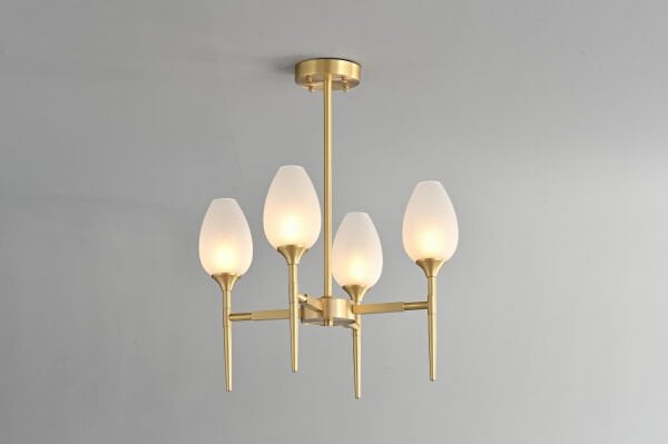 Modern Altın Gövdeli 4’lü Cam Avize | Opal Cam Sarkıt Avize