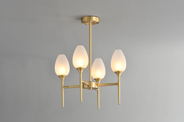 Modern Altın Gövdeli 4’lü Cam Avize | Opal Cam Sarkıt Avize