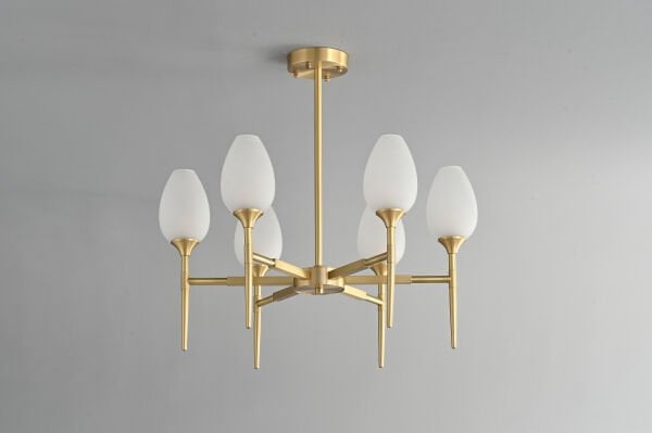 Modern Altın Gövdeli 6’lı Cam Avize | Opal Cam Şık Salon Avizesi