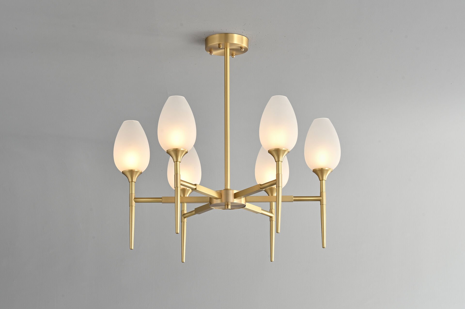 Modern Altın Gövdeli 6’lı Cam Avize | Opal Cam Şık Salon Avizesi