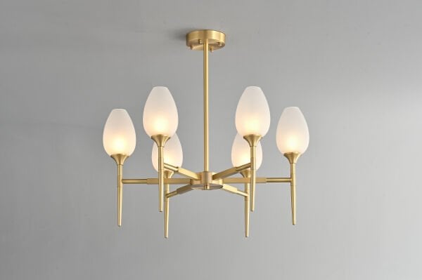 Modern Altın Gövdeli 6’lı Cam Avize | Opal Cam Şık Salon Avizesi