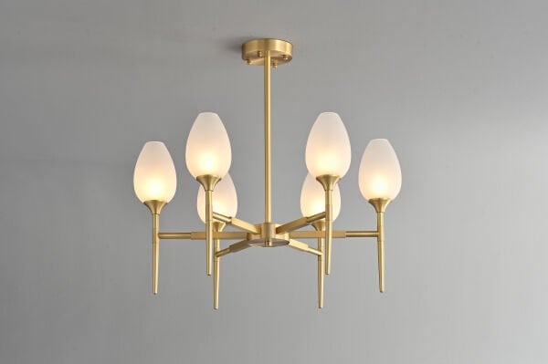 Modern Altın Gövdeli 6’lı Cam Avize | Opal Cam Şık Salon Avizesi
