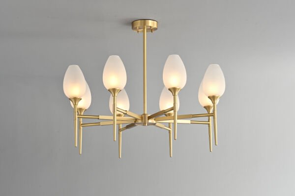 Modern Altın Gövdeli 8’lı Opal Cam Avize | Şık ve Minimal Salon Avizesi