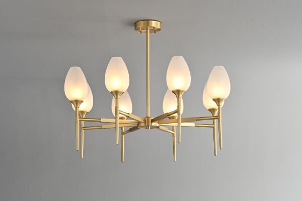 Modern Altın Gövdeli 8’lı Opal Cam Avize | Şık ve Minimal Salon Avizesi