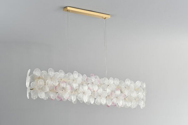 Çiçek Formlu Cam Detaylı Lineer Avize | Altın Gövdeli Modern Yemek Masası Avizesi