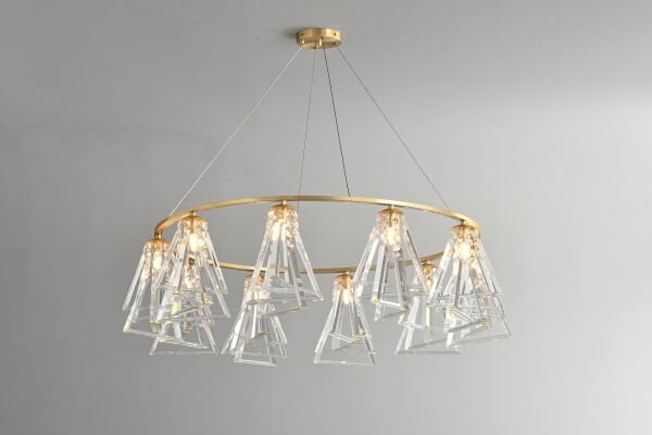 Altın Halka Geometrik Kristal Avize – Modern Lüks Cam Sarkıt Aydınlatma